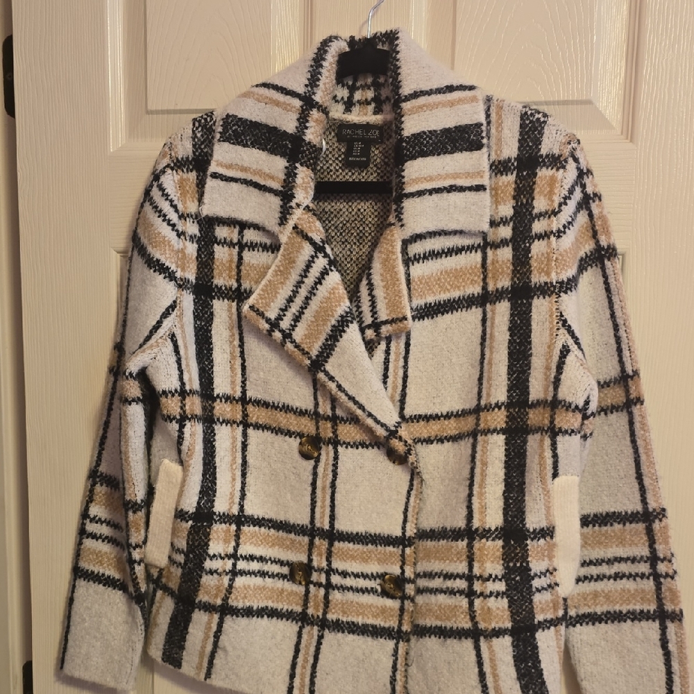 Rachel Zoe Plaid Peacoat in Black, White,‎ and Tan